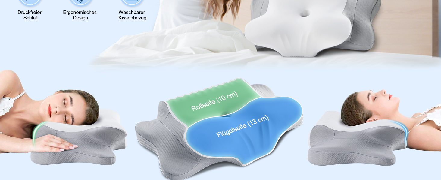 Подушка для шиї, подушка для голови з Memory Foam, ергономічна подушка для сну на боці, спині та животі, сіро-білий колір, 64 x 39 x 13 см