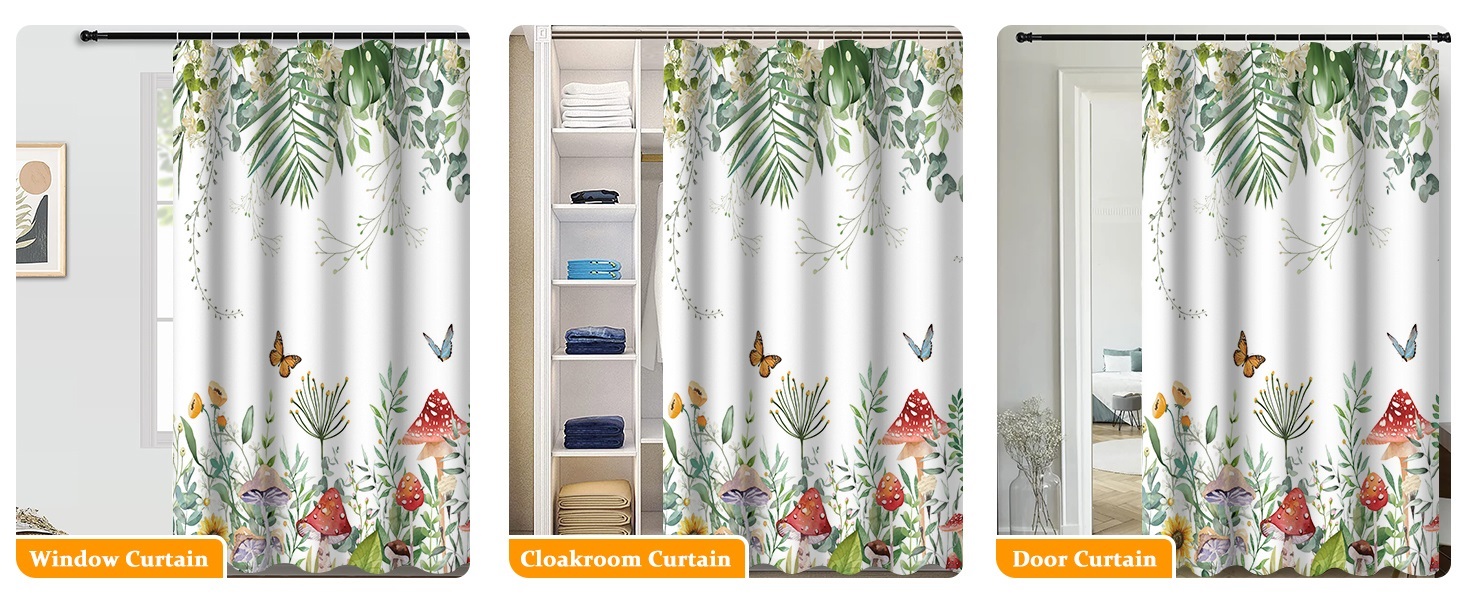 Штора для душу 180x220 см, Антигрибкова, з тропічним дизайном (пальмові листя, евкаліпт, гриби), водонепроникна, поліестер, для ванної кімнати, з 12 гачками, зелена