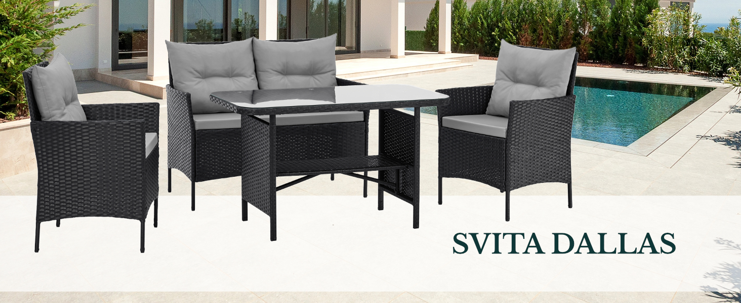 Садовий набір Gartensitzgruppe SVITA Dallas з поліротангу, 4 предмети: 2 крісла, диван на 2 місця, стіл, чорний. Комплект вуличних меблів зі сталевим каркасом та подушками