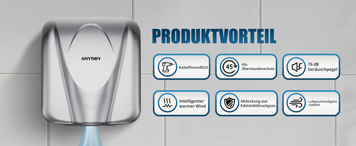 Anydry 2812 - Електричний сушар для рук AnyDry, для комерційного використання, нержавіюча сталь, швидка сушка (7-10 сек), 1600W, сріблястий (Brushed)