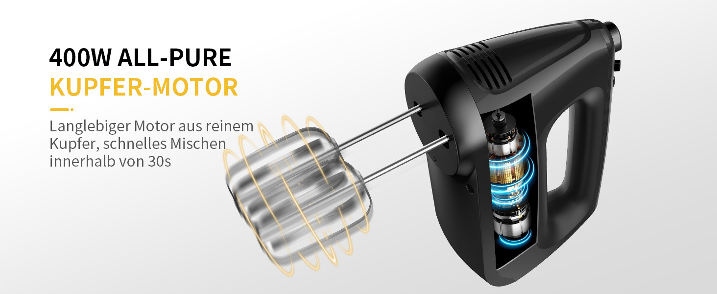 Електричний міксер ручний 6 швидкостей + турбо, без розбризкування, з набором аксесуарів з нержавіючої сталі, 400W, тихий мотор, великий об'єм