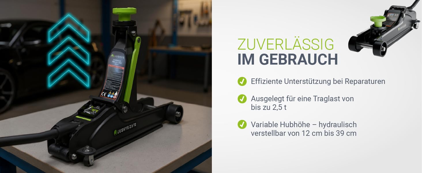 Підйомник гідравлічний Juskys 2.5 т, сталевий, 85-390 мм, з кейсом, гумовими накладками та аксесуарами - Чорно-зелений