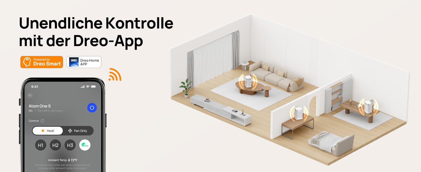 Електричний обігрівач Dreo Atom One S: тихий, енергоефективний, з Wi-Fi, пультом керування та 12-годинним таймером, 1500W, 3 режими, 3 швидкості, PTC кераміка, білий