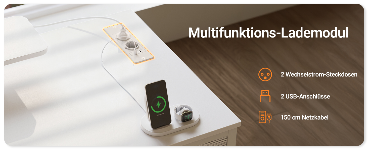 Комп'ютерний стіл Claiks з 3 шухлядами, 120 x 60 см, з полицею, 2 розетки та 2 USB-порти, для офісу та дому, білий