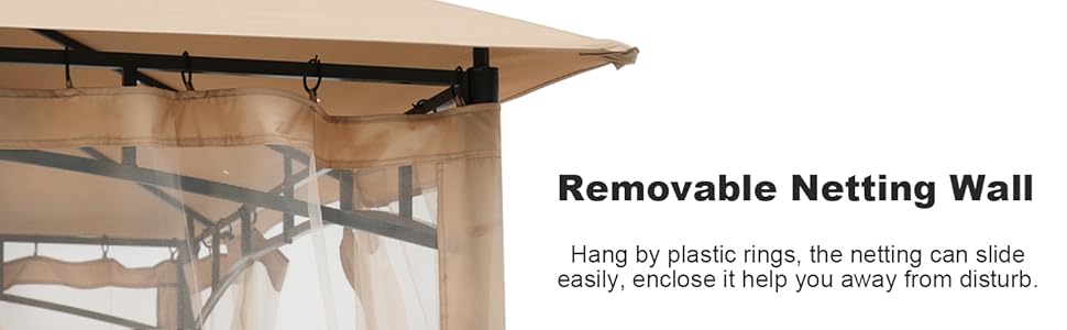 ABCCANOPY Павільйон садовий 2.4x2.4 м з двосхилим м'яким дахом для тераси, саду, двору. Захист від сонця та дощу (з сіткою, бежевий)