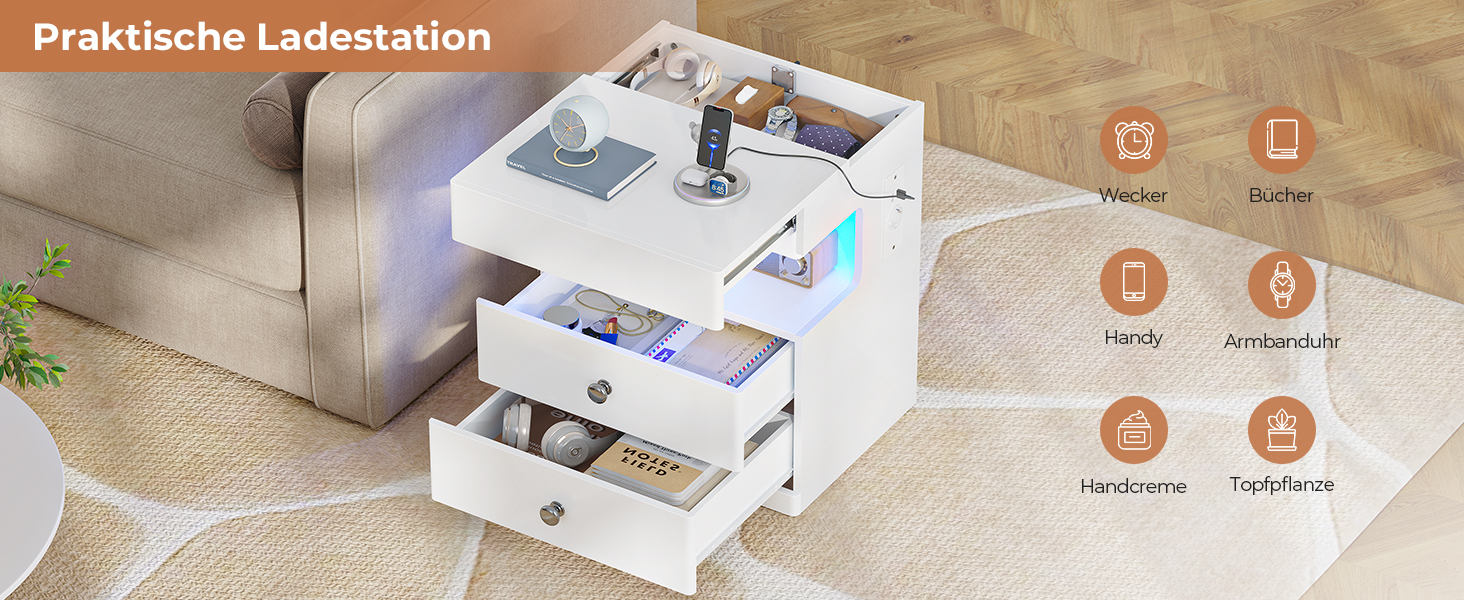 Нічний столик AOGLLATI з секретною поличкою, розеткою та LED-підсвіткою. 2 шухляди, висувний ящик, полиця. Білий, 40x35x59 см