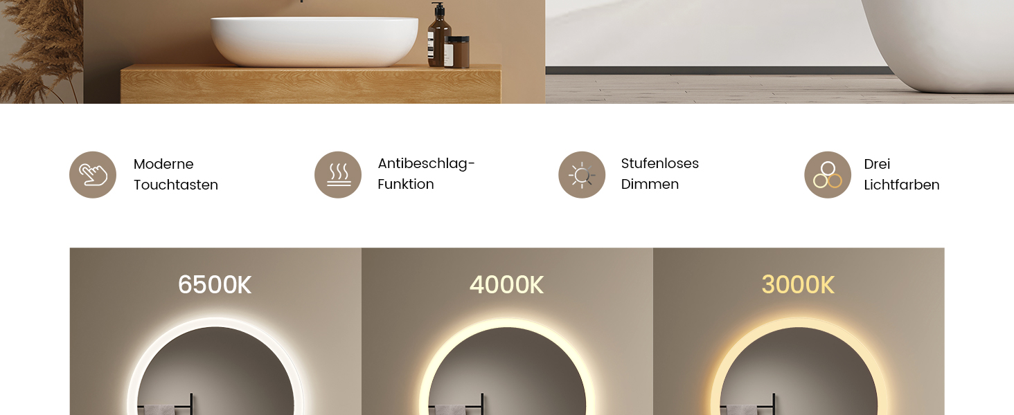 Дзеркало для ванної кімнати EMKE з підсвічуванням, 50 см, кругле, з регулюванням яскравості, 3 кольори світла, антизапарник, сенсорне управління, пам'ять налаштувань, матовий край, 50x50 см