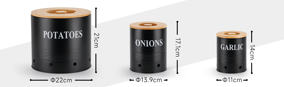 Набір контейнерів для зберігання картоплі, цибулі та часнику Lannvan | 3 шт. з бамбуковим кришками | З вентиляцією та захистом від світла (чорний)