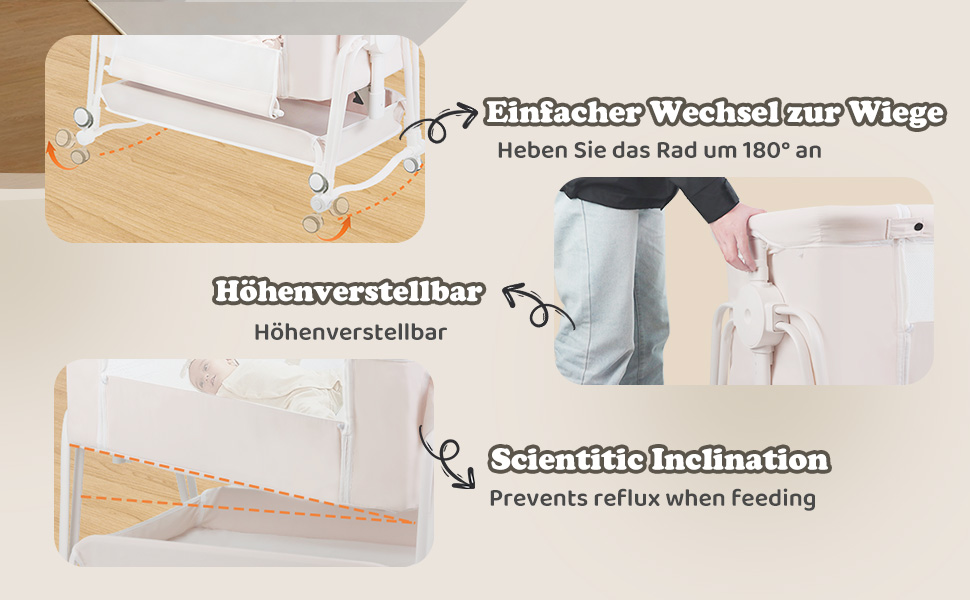 Дитяче ліжко-манеж 4 в 1 з регулюванням по висоті, з коліщатками та москітною сіткою, сірий колір