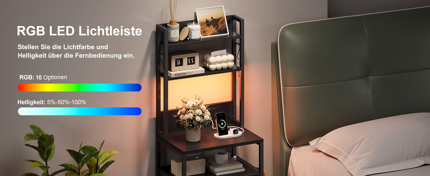 Нічний столик з підзарядкою та LED, приліжний столик з 3 висувними ящиками з тканини, нічник з полицею для книг, відкрите відділення, 2 розетки AC, 1 USB та 1 Type C роз'єми, для спальні, вітальні, офісу (Чорний) 40x30x60 см Чорний 1