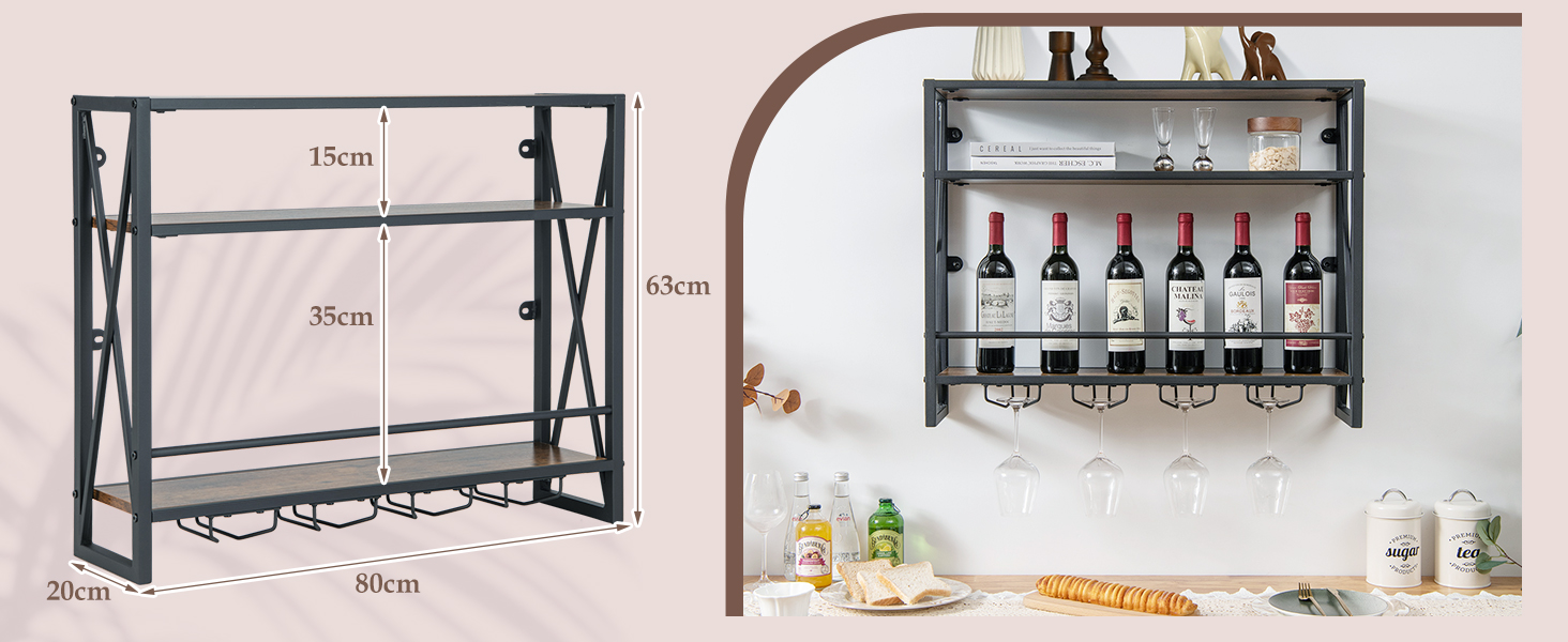 Стильна полиця для вина Komfotteu на стіну, дерев'яна з металевим каркасом, з тримачем для келихів, 60 x 20 x 55 см
