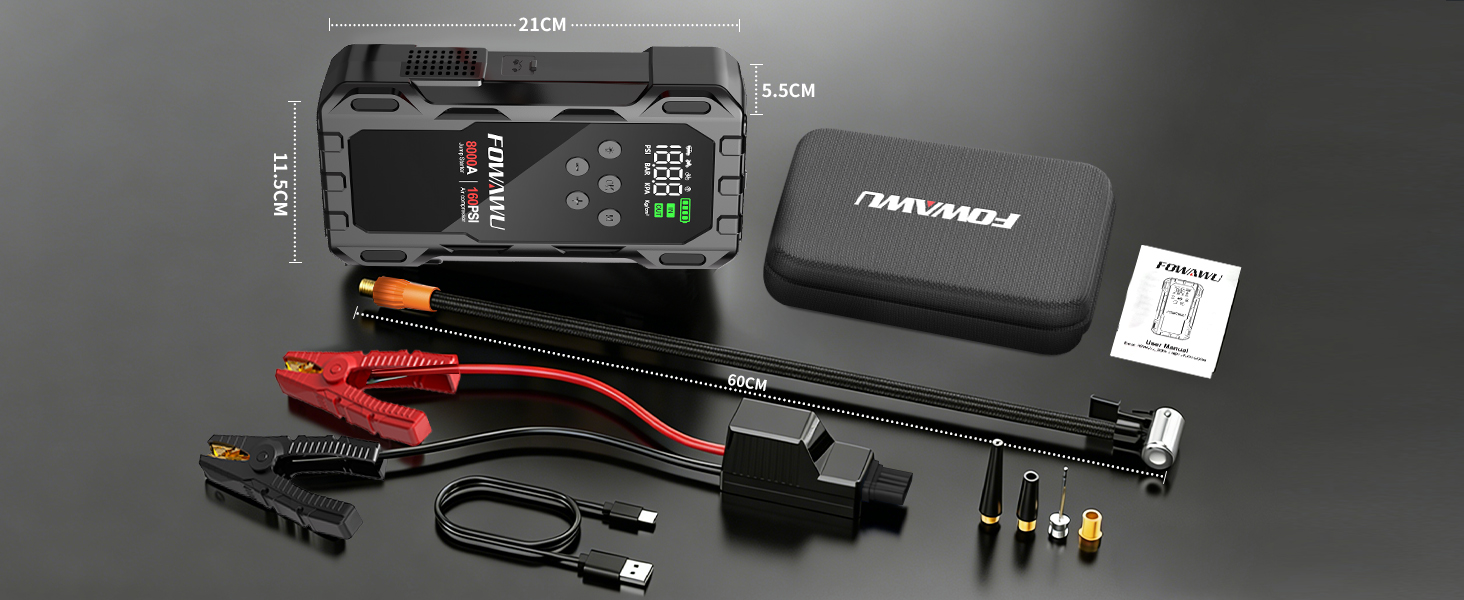 Пусковий пристрій (бустер) FOWAWU 8000A 26800mAh для автомобіля з компресором для шин та Powerbank