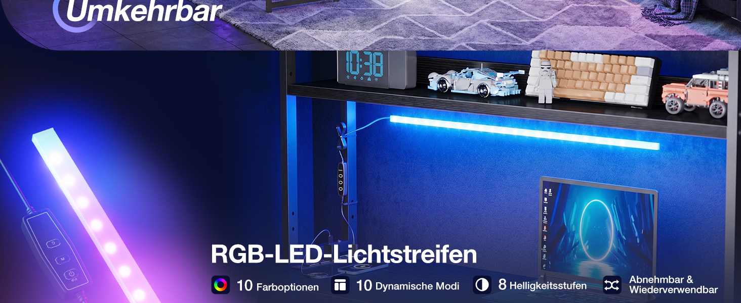 Ігровий кутовий стіл ODK Gaming з LED-підсвіткою, полицею-дисплеєм та розеткою, 110×80 см, чорний — ергономічний комп'ютерний стіл з органайзером