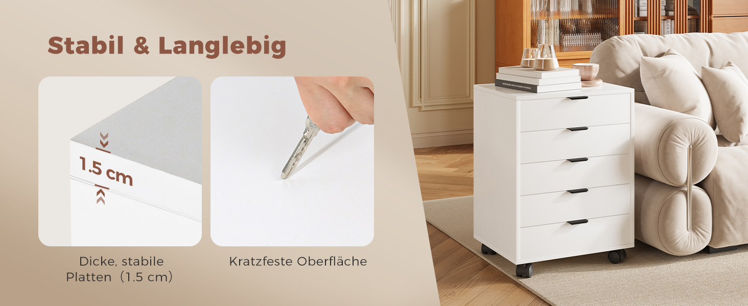 Шафа-тумбочка ELUCHANG з 5 висувними ящиками, мобільна, для офісу та дому, біла