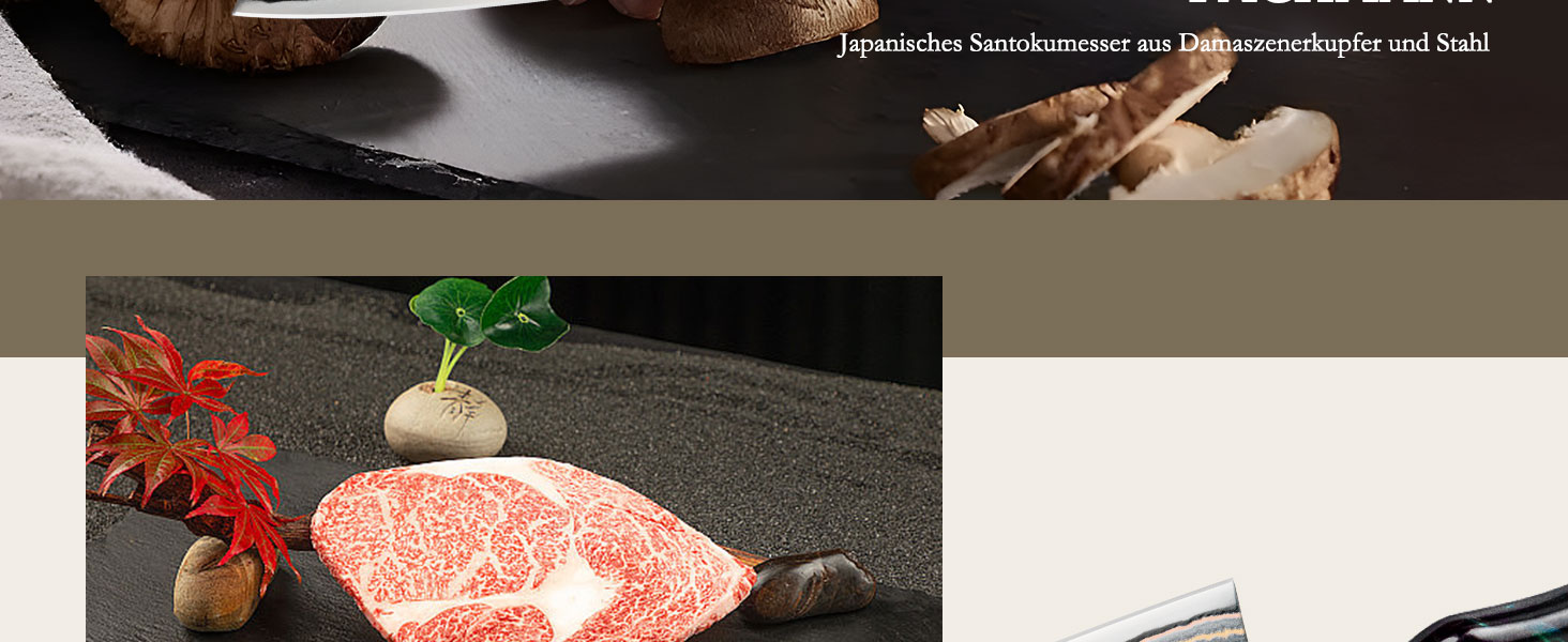 Японський ніж SHAN ZU з дамаської сталі з міддю, ручне кованість, професійний кухонний ніж, 20 см, серія VENUS (18 см Сантоку)