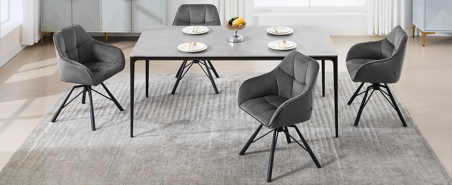 Крісла для їдальні WOLTU (4 шт) з оббивкою з велюру, сірого кольору, з підлокітниками та поворотним механізмом
