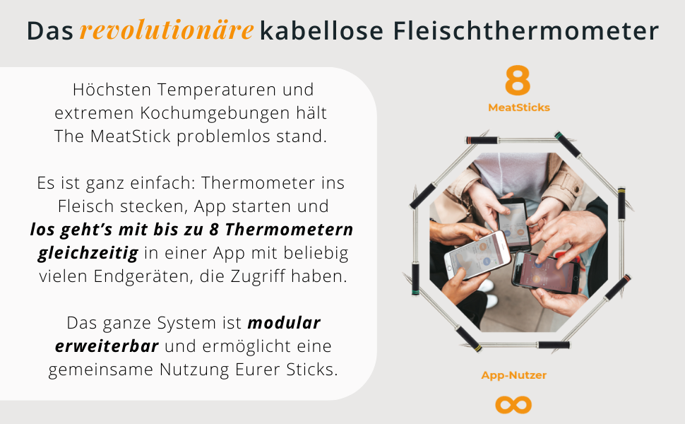 Термометр для м'яса MeatStick з додатком: бездротовий термометр для приготування м'яса з радіусом дії 10м, точний вимірювач температури до 300°C, термометр для гриля з датчиком 92мм, з зарядним пристроєм TC600P