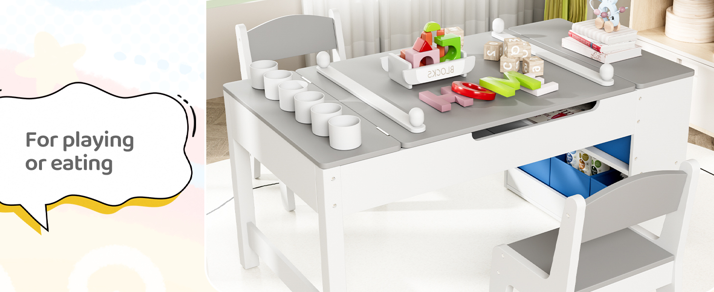 Дитячий стіл MAMIZO з 2 стільцями: дерев'яний стіл для ігор з місцем для зберігання, комплект меблів для дітей 3+ (сірий)