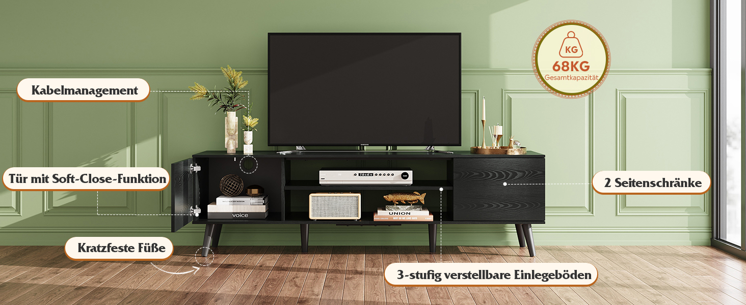 Тумба під телевізор WLIVE Schwarz 160x40x47 см, чорна, з 2 дверцятами та 2 відкритими полицями для вітальні, спальні, їдальні