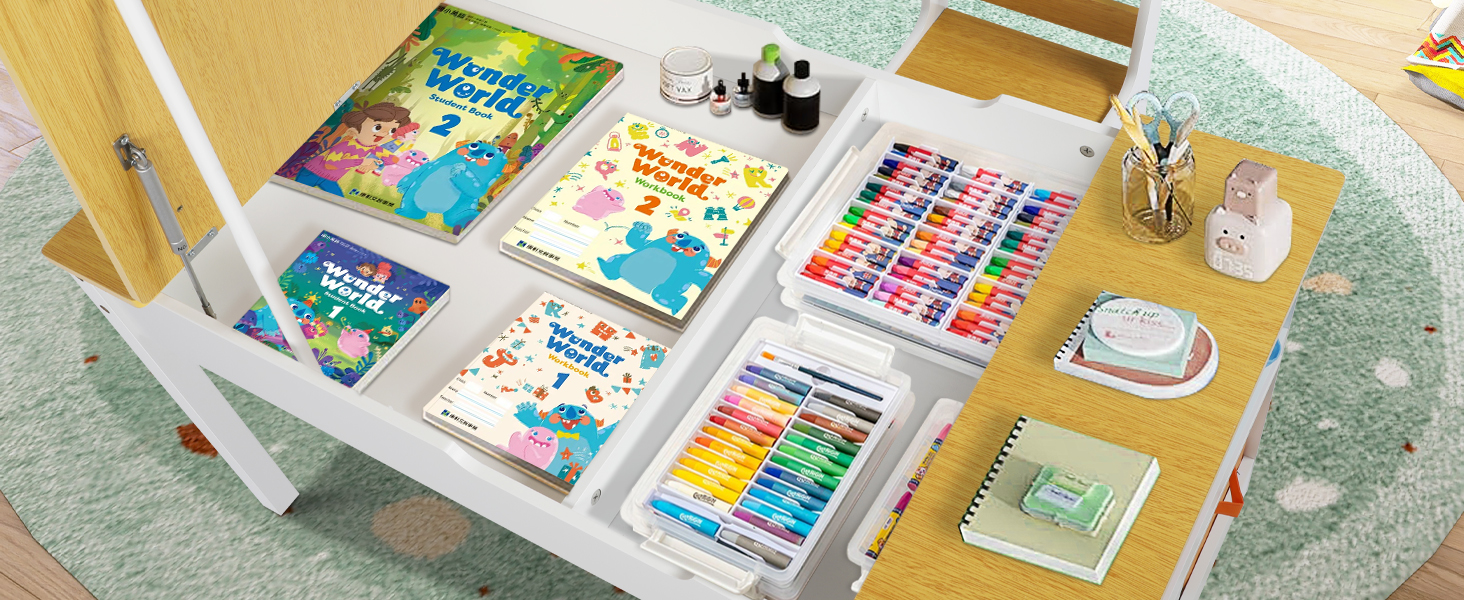 Дитячий стіл Kinder-Kunsttisch Set з 2 стільцями - дерев'яний набір для творчості для малюків з регульованою стільницею, відрами для пігментів та 8 тканинними ящиками для зберігання (Натуральний)