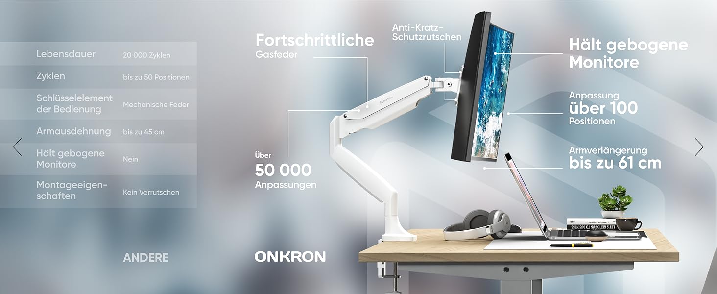 Кріплення для монітора ONKRON G100-W, 13-32 дюйми, до 9 кг, газ-амортизатор, VESA 75x75-100x100, білий