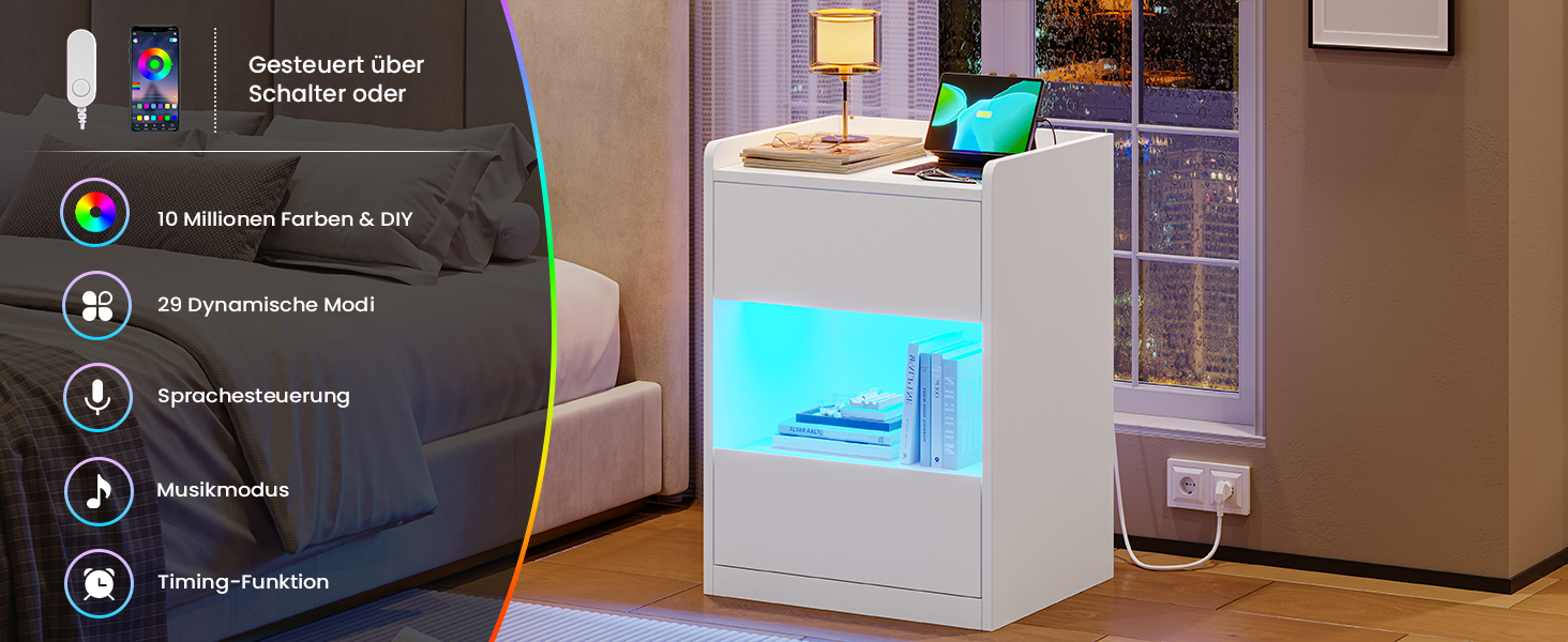 Нічний столик AOGLLATI з LED-підсвічуванням та зарядкою, 2 шухляди та полиця, білий (40x35x60 см)