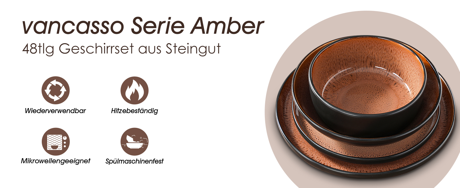 Набір посуду Vancasso AMBER 12 осіб, 48 предметів: тарілки обідні, десертні, супові, миски, червоний, реактивна глазур, для посудомийної машини