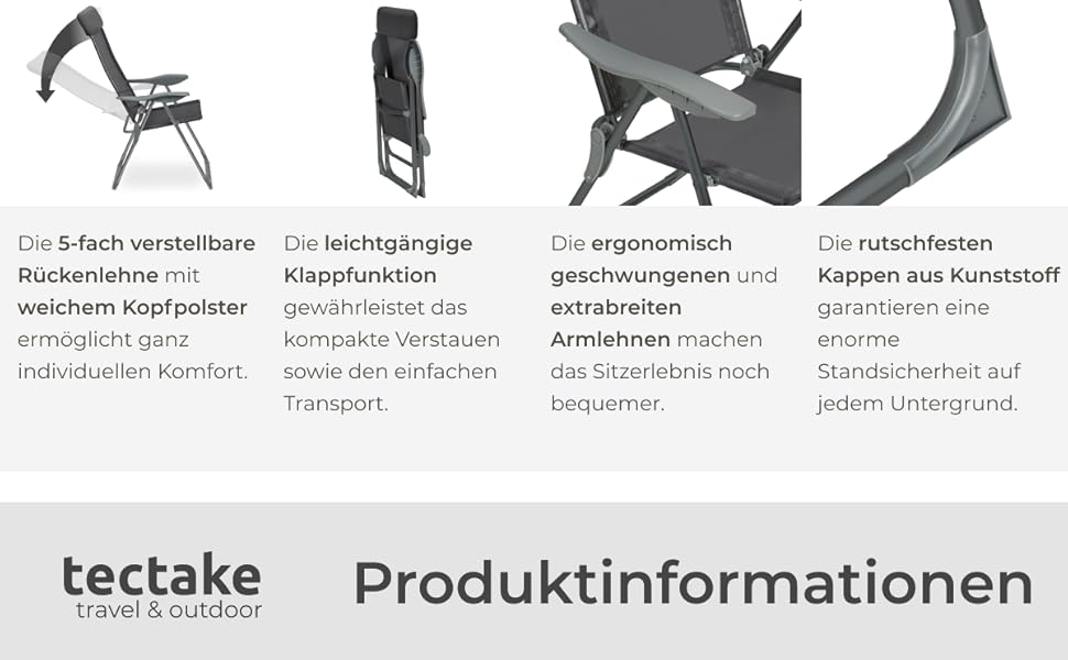 Шезлонги Tectake® 4 шт. - регульовані, з підставкою для ніг, легкі, складані, для саду, балкону, кемпінгу (Антрацит)