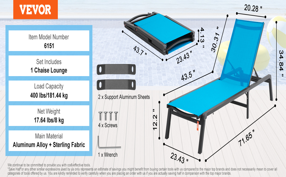 Лежак для відпочинку VEVOR, 182x60x88 см, блакитний, з регулюванням положення, для саду, тераси, пляжу, басейну