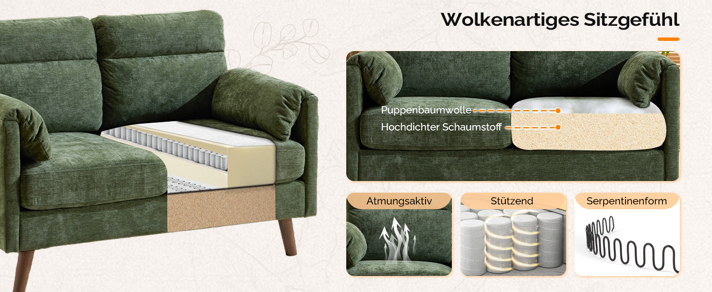 Диван Bonnlo 2-місний, компактний, 125 см, тканинний диван з м'якими підлокітниками, для офісу, вітальні, спальні, кабінету, легка збірка, льон, зелений