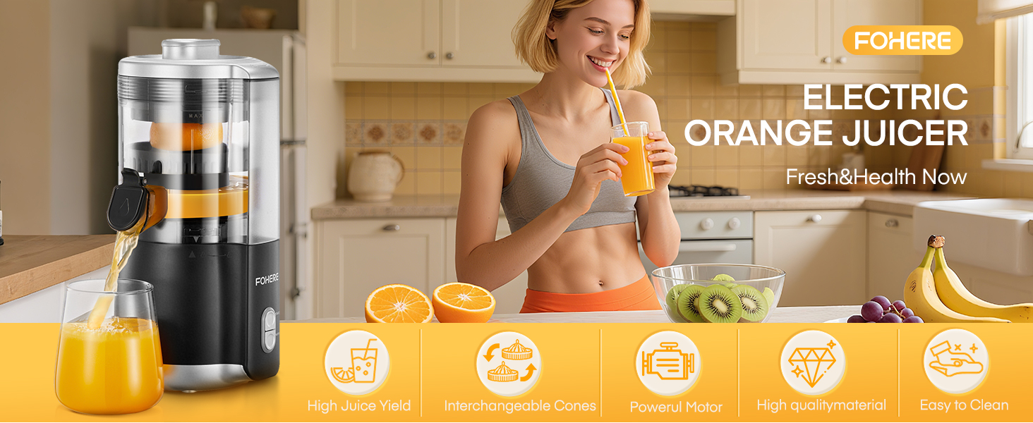Електрична прес для цитрусових FOHERE, автоматична соковичавниця для апельсинів, грейпфрутів, лимонів, з потужним мотором 100W, без BPA, 2 конуси для різних фруктів, чорний