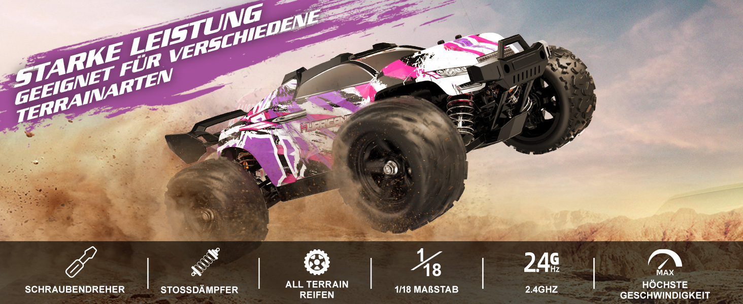 RC Автомобіль Monstertruck 1:18 4WD, Позашляховик 40 км/год, Металеве передавання, 2x1300mAh, Рожевий - для дорослих та дітей від 10 років