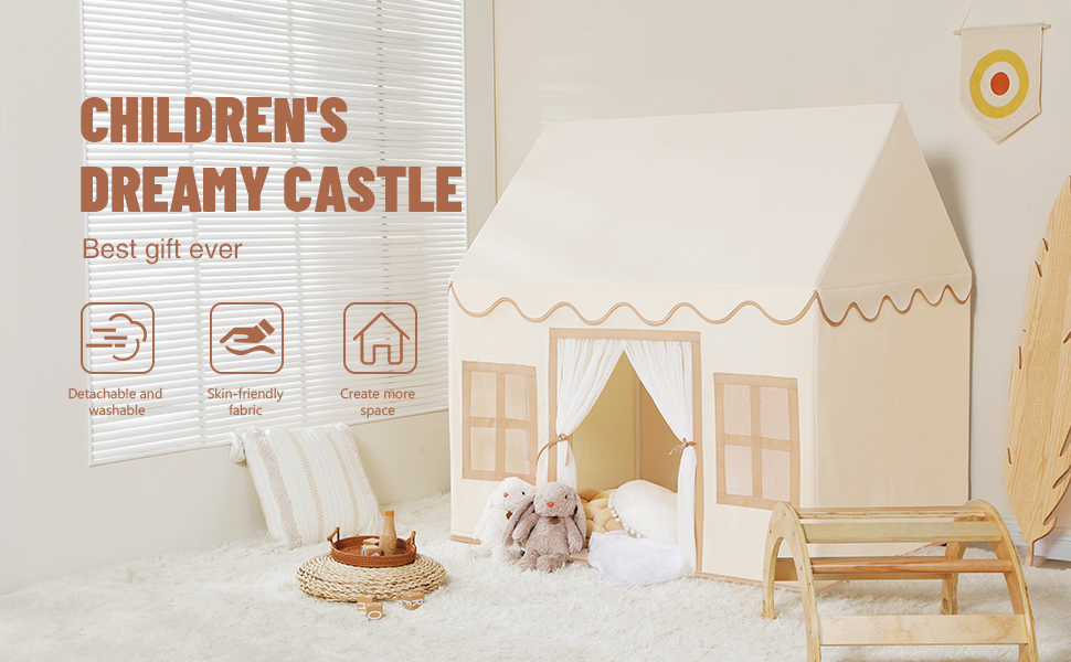 Дитяче намет-ігровий будиночок Wilwolfer з килимком для малюків: Принцесин будиночок з бахромою для дівчаток та хлопчиків - Великий намет для гри в приміщенні та на вулиці, кремовий колір
