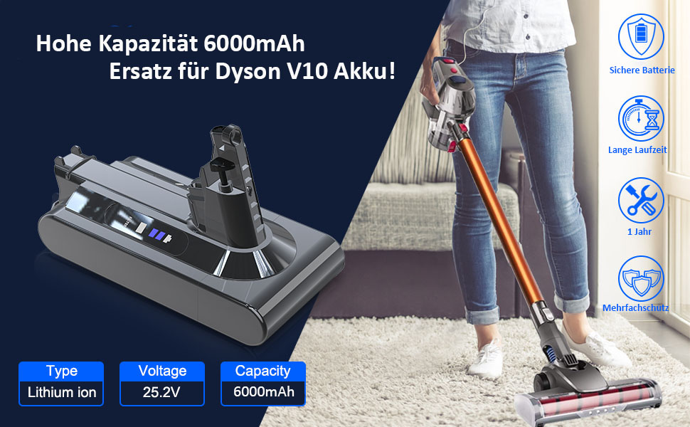 Змінна батарея BATTOOL V10 25,2 В 6000 мАг для моделей Dyson V10 Акумуляторний пилосос