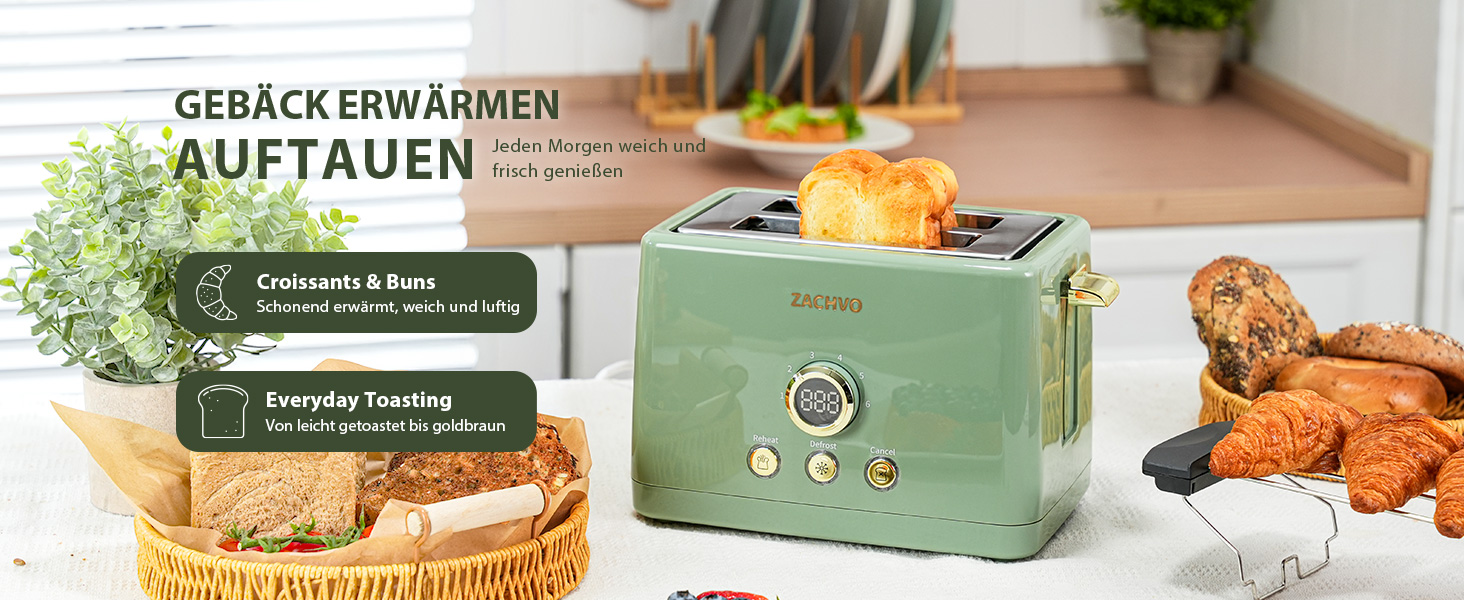 Тостер ZACHVO на 2 тости з підставкою для булочок, 6 режимів підсмажування, 850 Вт, LED-дисплей, функція підігріву, розморожування, скасування. Зелений
