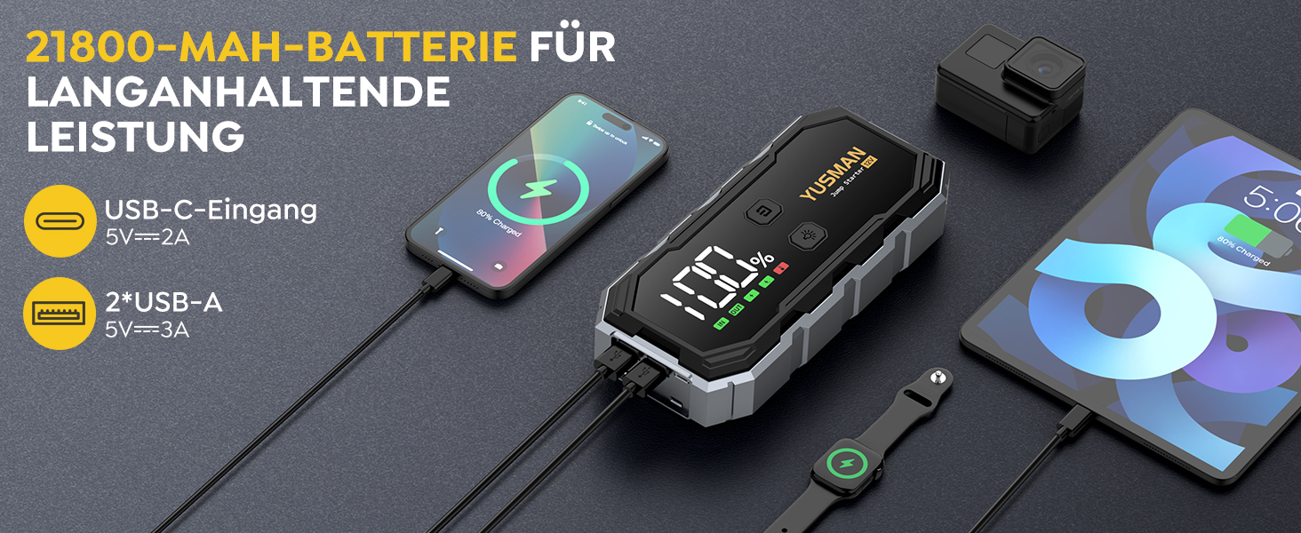 Портативний зарядний пристрій (Powerbank) Starthilfe для автомобілів | 8000A, бустер для акумулятора, LED-ліхтарик, дисплей, кабелі – для SUV, мотоциклів, газонокосарок Black