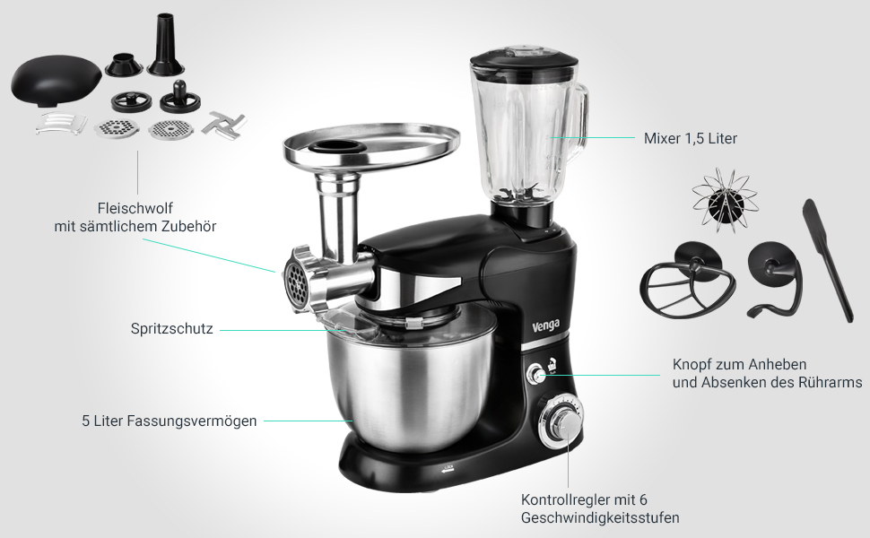 Кухонна машина Venga VG M 3014 з чашею 5 л з нержавіючої сталі, 1000 Вт, 4 насадки, рецепти, чорний колір