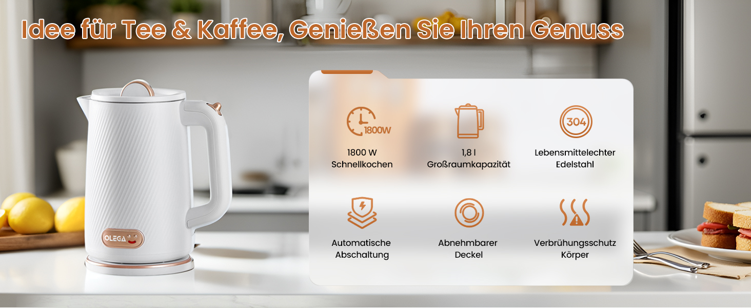 Електричний чайник OLEGA 1.8L, 1800W, з нержавіючої сталі, автоматичне відключення, захист від сухого кип'яття, білий