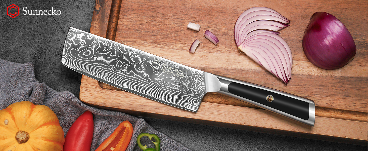 Набір ніжів Sunnecko: Японський ніж Nakiri 7 дюймів з дамаської сталі - кухонний ніж для нарізання овочів та фруктів з ергономічною ручкою