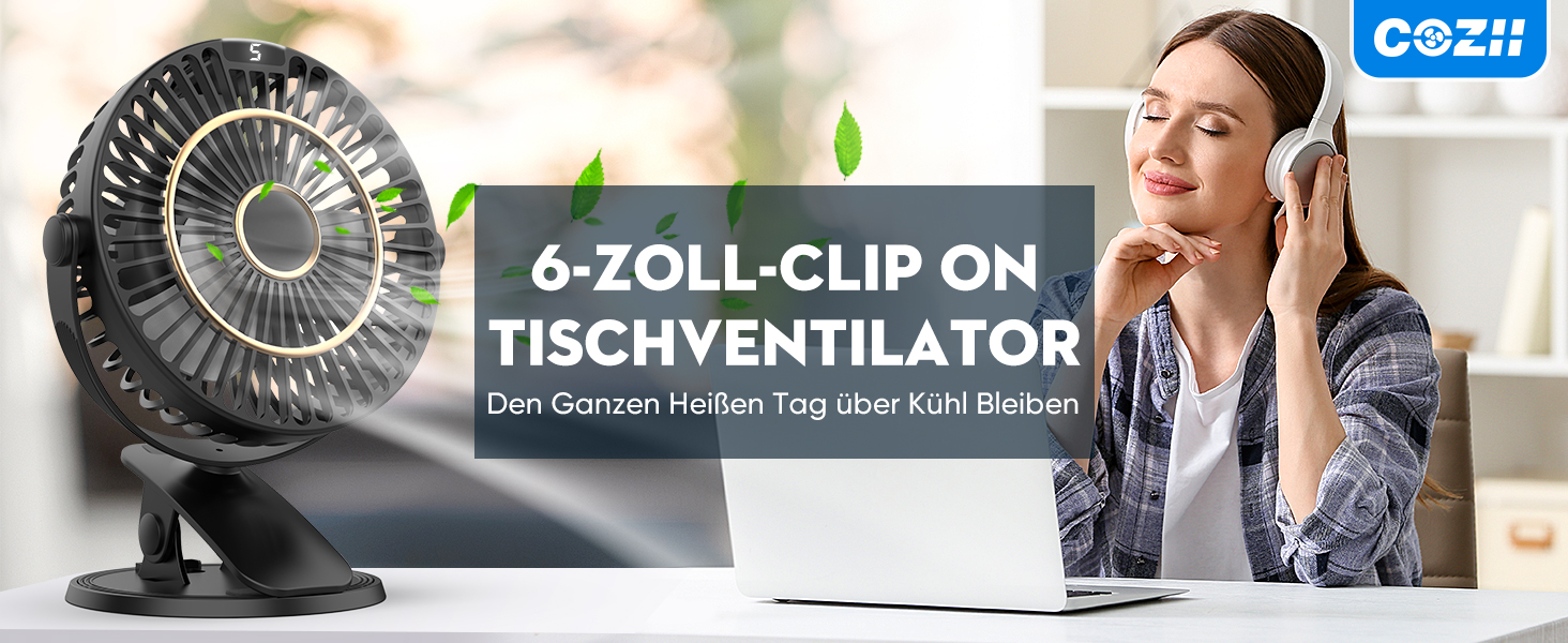 COZII Міні-вентилятор USB: кліпса на стіл, 720° поворот, 5 швидкостей, LED-дисплей. Портативний вентилятор для дому, офісу, дитячого візочка, подорожей - чорний