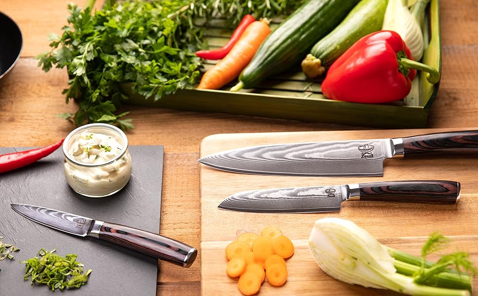 Набір кухонних ножів Дамаск 3 шт. (32, 24, 20 см) з каменем для заточування, дерев'яною ручкою, захистом леза та подарунковою коробкою. Перевірено TÜV, 62 HRC, сталь Дамаск з 67 шарів.