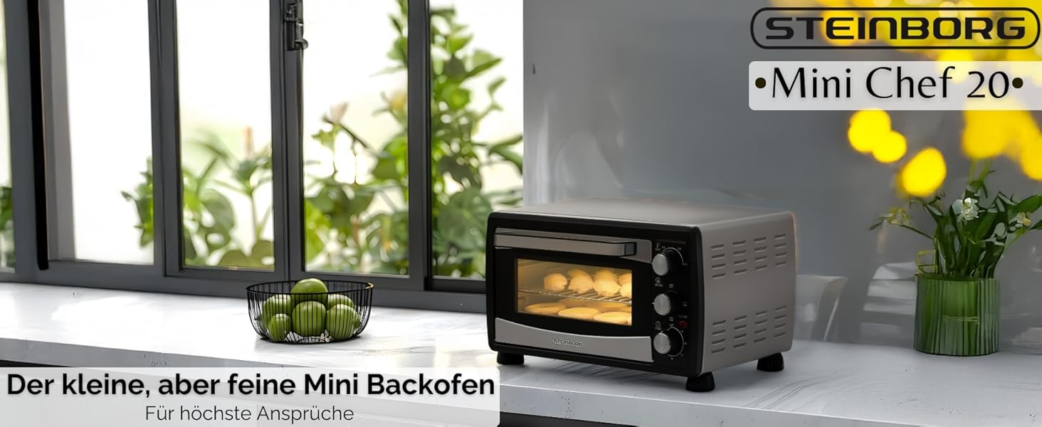 Міні-піч Steinborg® з конвекцією 20 літрів: піч для піци, крихти, конвекція, верхнє та нижнє нагрівання, 1400 Вт, таймер, для кемпінгу або дому