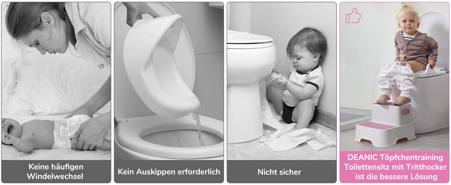 Дитяче сидіння на унітаз DEANIC з підставкою-сходинками, рожеве - для малюків від 1 до 6 років + 2 подушки та щітка