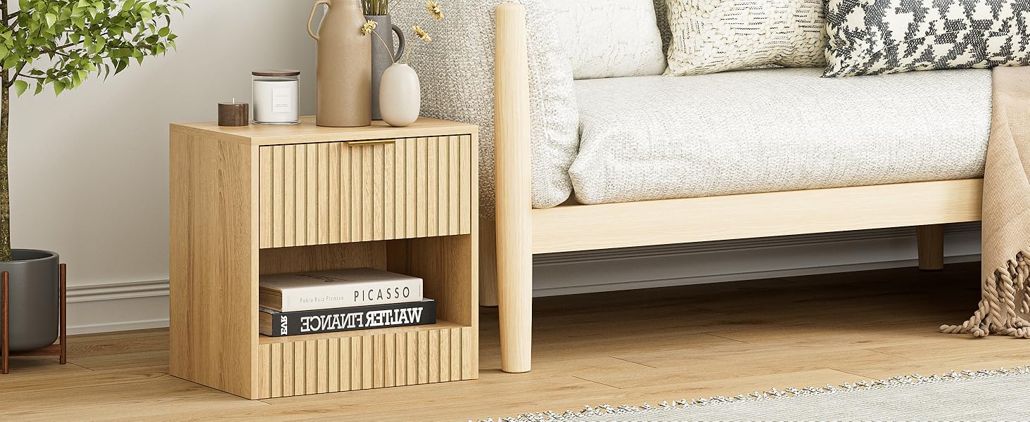 Нічний столик з дуба, дерев'яний приліжний столик з шухлядою, сучасний, компактний 39x39x28 см, для спальні, вітальні, офісу
