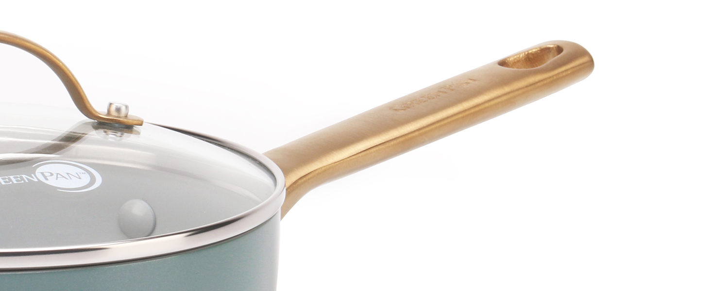 Каструля GreenPan Padova Reserve з нержавіючої сталі з антипригарним покриттям Hartelox, 18 см, 2 л, з кришкою з термостійкого скла, без PFAS, для індукційних плит, з золотим ручками, придатна для миття в посудомийній машині та випікання, колір Димчастий блакитний