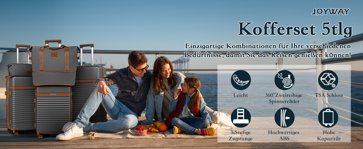 Набір валіз Joyway 5шт з ABS пластику, розширюваний, з TSA-замком, 4 колеса, сірий. Включає: валізу, велику сумку, косметичку.