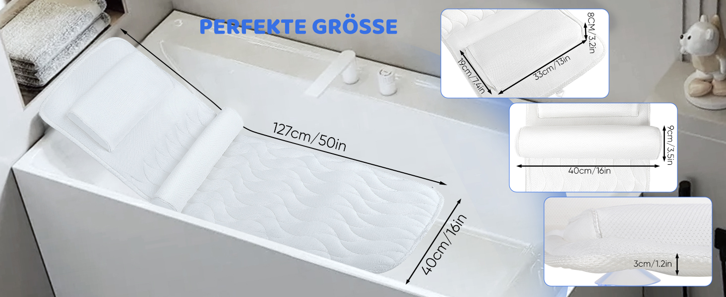 Килимок для ванни з подушкою для тіла 123x40 см, для зросту 160-180 см, швидковисихаючий, для підтримки голови, шиї та спини