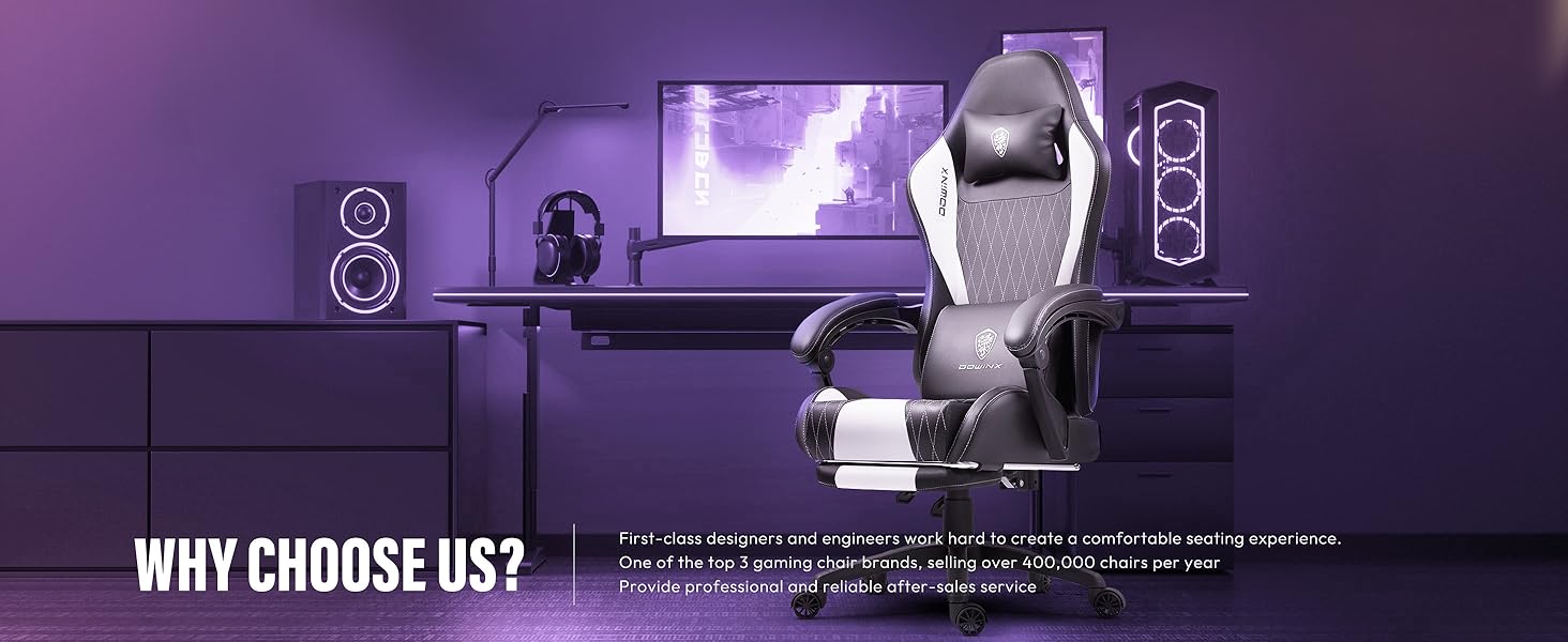 Ігровий крісло Dowinx з регульованою висотою масажного поперекового підтримання, ергономічний дизайн, м'яка мікрофібра велюр, посилене сидіння, підголовник та підніжка в комплекті, регулювання на 155°, (Білий, база)