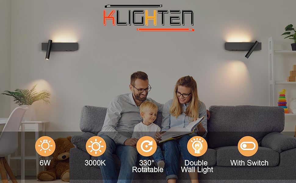 Набір світлодіодних настінних світильників Klighten 2, 3Вт3Вт, 3000K, поворотний, 2 вимикачі, алюміній, чорний