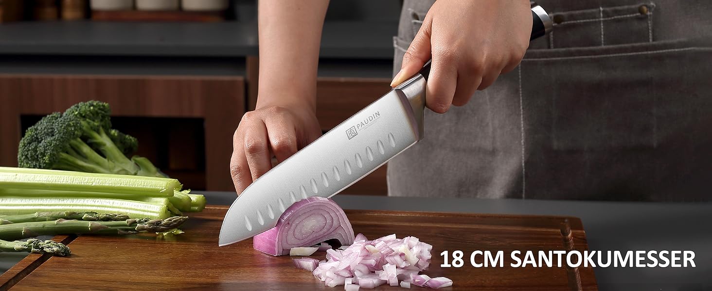 Набір ножів Paudin 7 предметів з дерев'яним блоком: кухонні ножі з нержавіючої сталі та ABS ручками